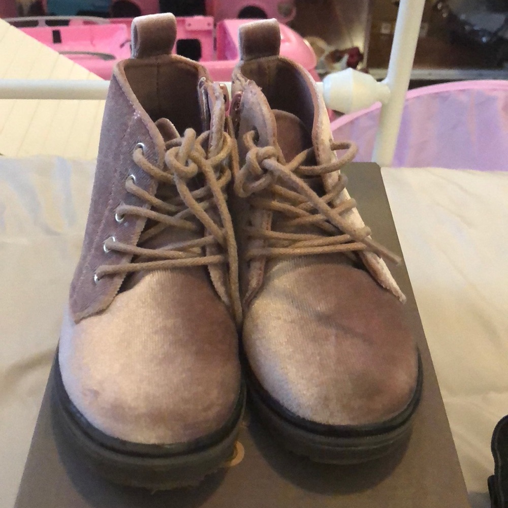 Pink velvet combat boots